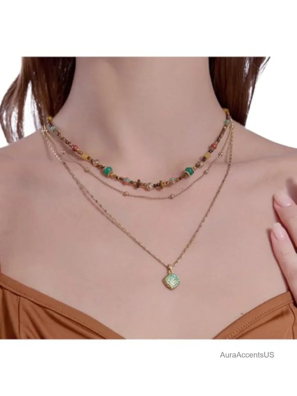 Boho Layered Beaded Necklace Retro Multi-Layer Gold Plated Pendant Chain